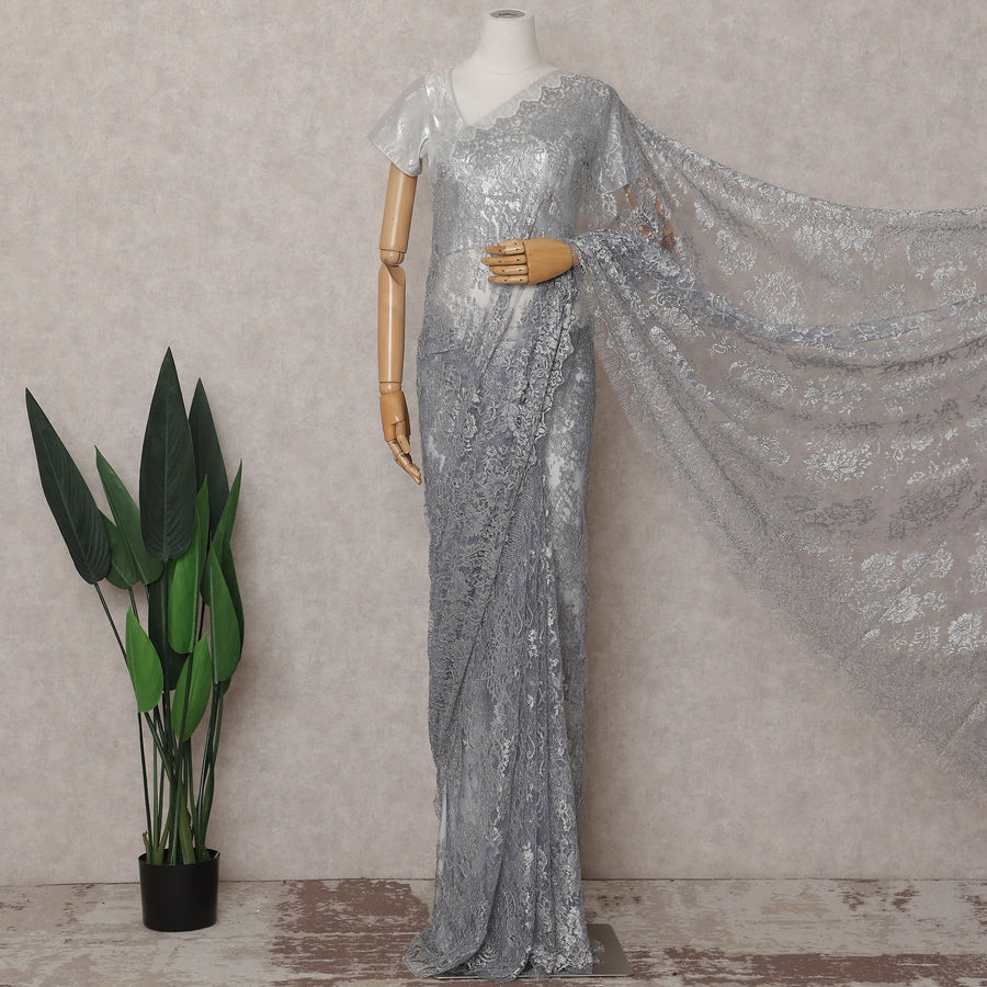 Steel Grey French Chantilly Lace Saree 110cm