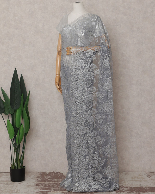 Steel Grey French Chantilly Lace Saree 110cm