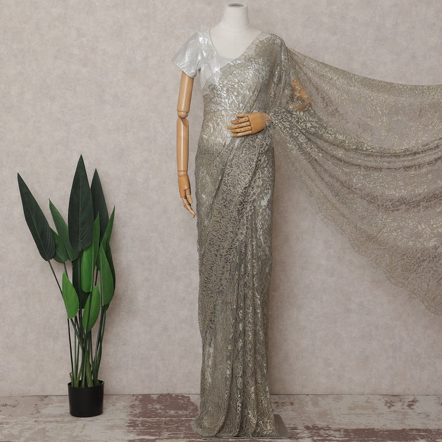 Antique Gold Shimmer French Chantilly Lace Saree 110cm