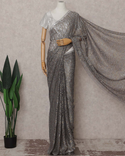 Gunmetal Grey French Chantilly Paisley Lace Saree