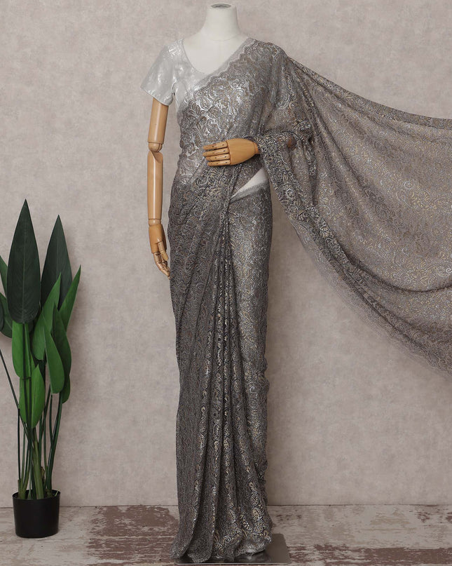 Gunmetal Grey French Chantilly Paisley Lace Saree