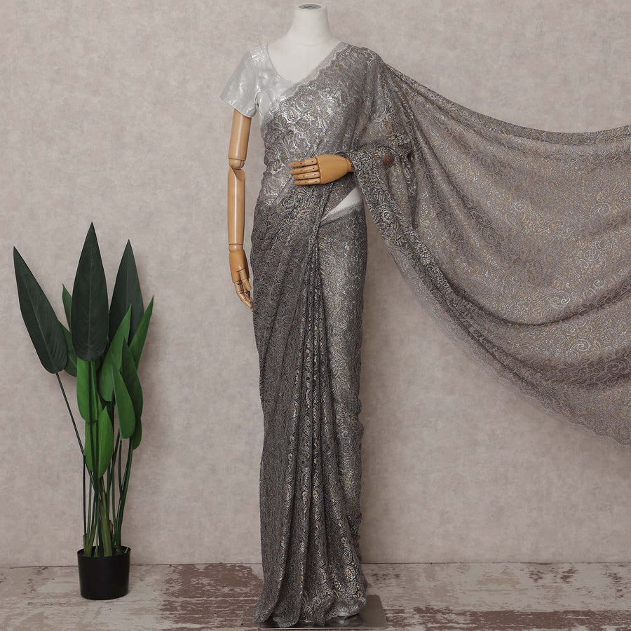 Gunmetal Grey French Chantilly Paisley Lace Saree