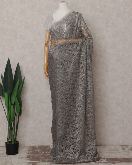 Gunmetal Grey French Chantilly Paisley Lace Saree