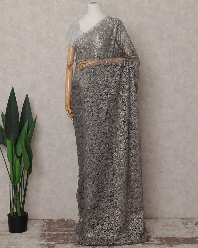 Gunmetal Grey French Chantilly Paisley Lace Saree
