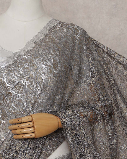 Gunmetal Grey French Chantilly Paisley Lace Saree