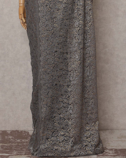 Gunmetal Grey French Chantilly Paisley Lace Saree