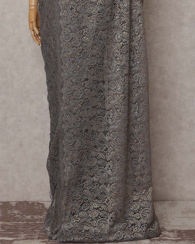 Gunmetal Grey French Chantilly Paisley Lace Saree