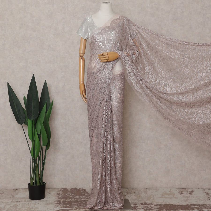 Mauve Pink French Chantilly Lace Saree Piece