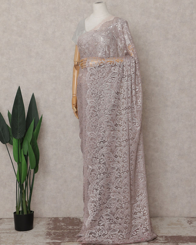 Mauve Pink French Chantilly Lace Saree Piece