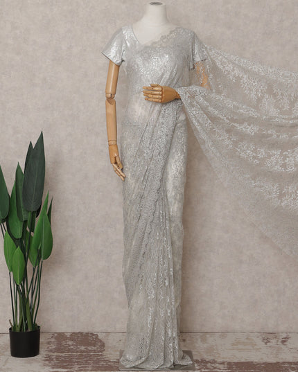 Metallic Silver Chantilly Lace Saree | Regal Fabrics