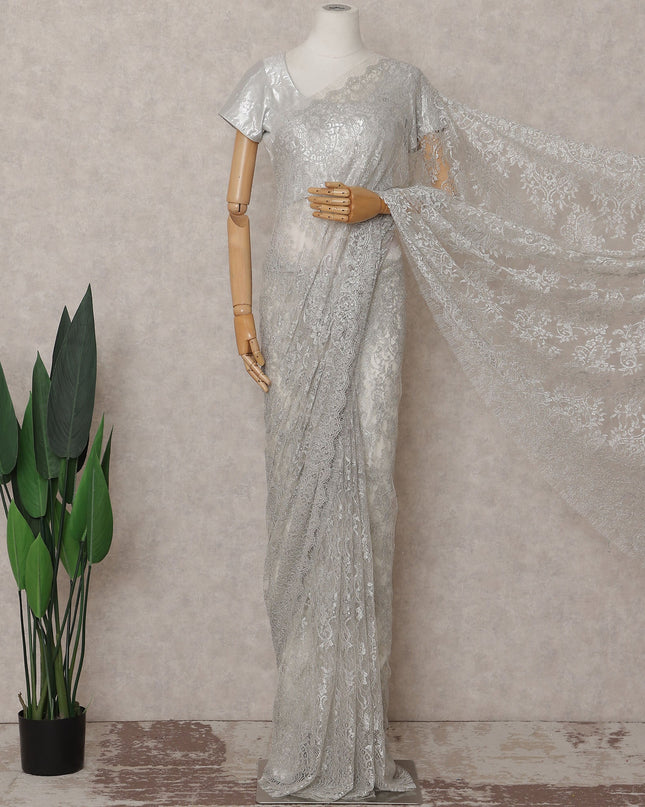 Metallic Silver Chantilly Lace Saree | Regal Fabrics