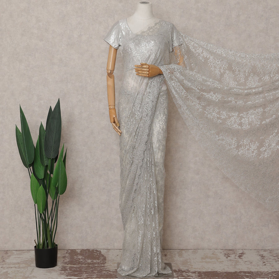 Metallic Silver Chantilly Lace Saree | Regal Fabrics