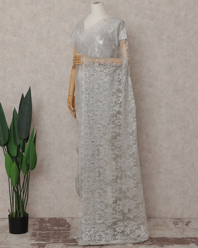 Metallic Silver Chantilly Lace Saree | Regal Fabrics
