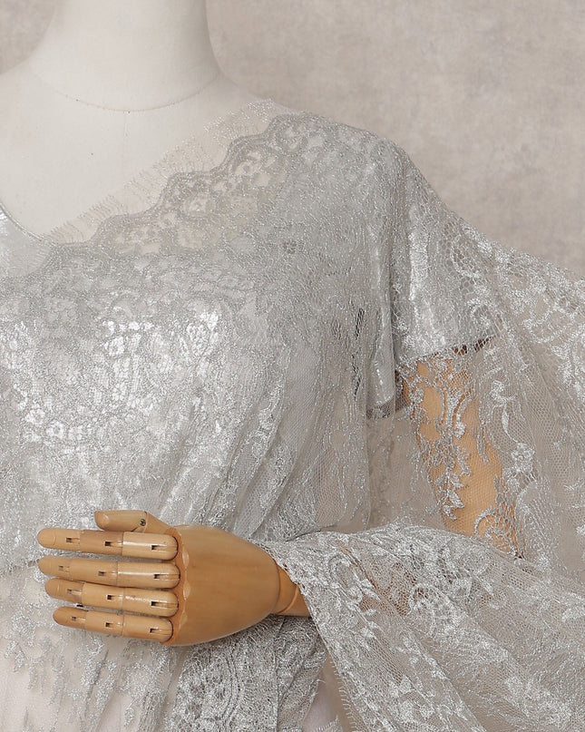 Metallic Silver Chantilly Lace Saree | Regal Fabrics