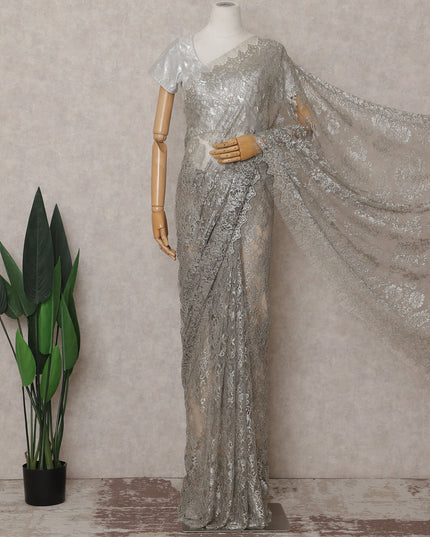 Bright Silver French Chantilly Lace Saree 110cm