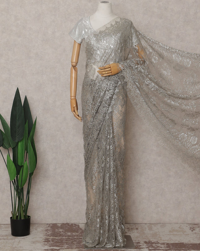 Bright Silver French Chantilly Lace Saree 110cm