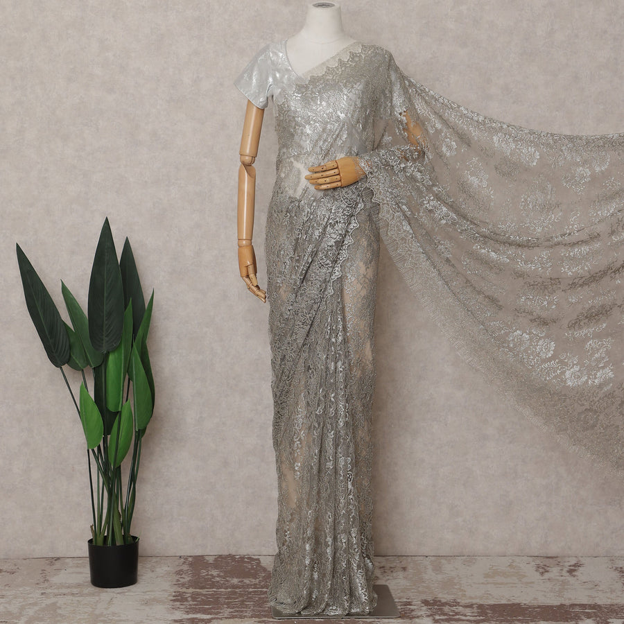 Bright Silver French Chantilly Lace Saree 110cm