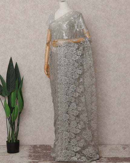 Bright Silver French Chantilly Lace Saree 110cm