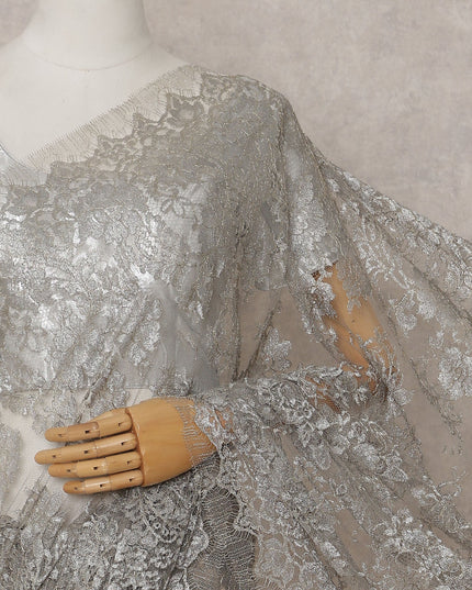 Bright Silver French Chantilly Lace Saree 110cm