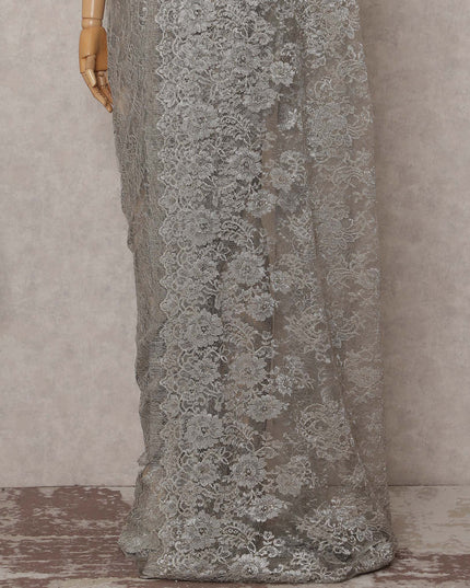 Bright Silver French Chantilly Lace Saree 110cm