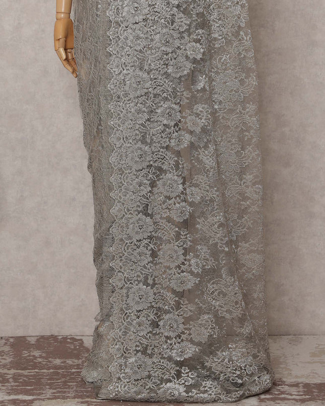 Bright Silver French Chantilly Lace Saree 110cm