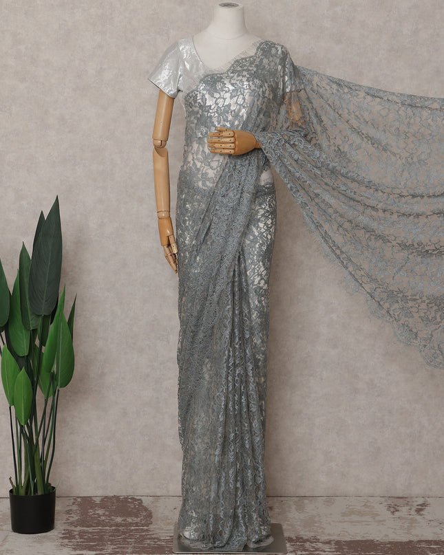 Metallic Silver French Chantilly Lace Saree