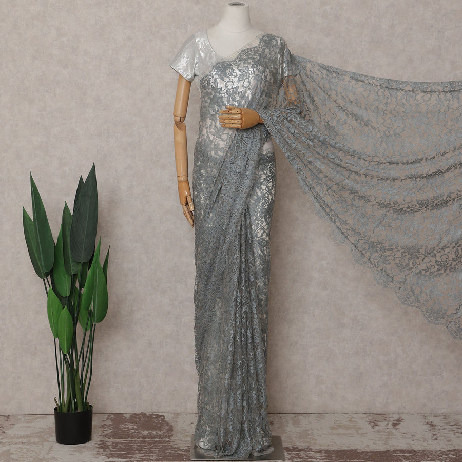Metallic Silver French Chantilly Lace Saree