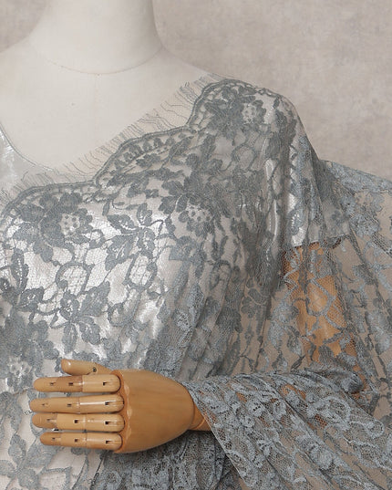 Metallic Silver French Chantilly Lace Saree