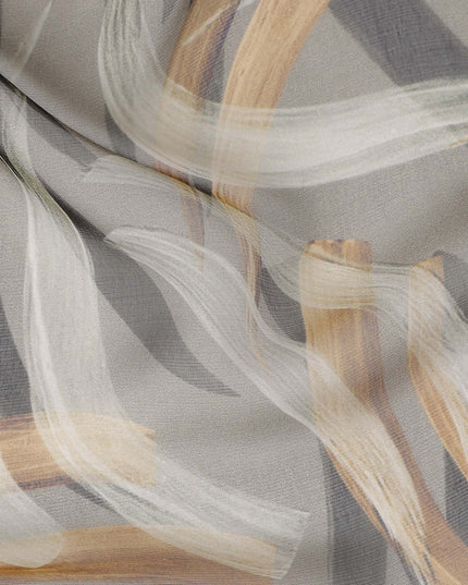 Stone Grey Abstract Brushstroke Silk Chiffon Fabric 110cm