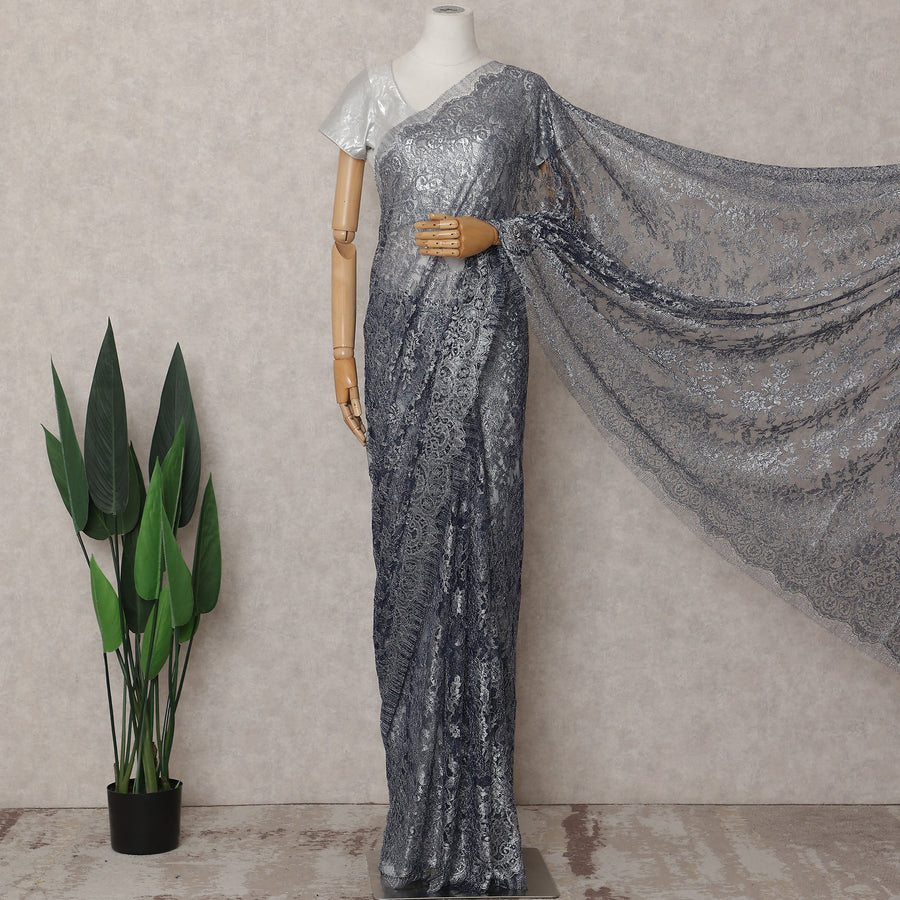 Slate Grey Chantilly Lace Saree - D31683