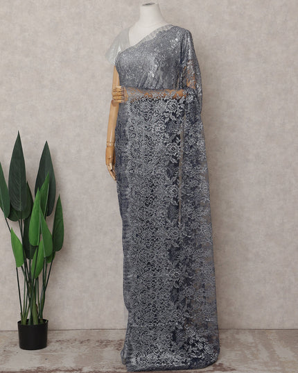 Slate Grey Chantilly Lace Saree - D31683