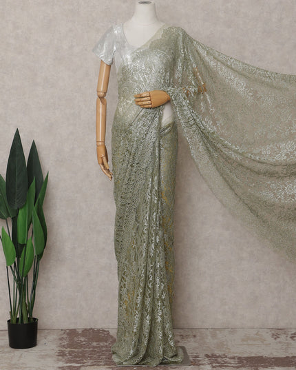 Sage Green Gold-Shimmer French Chantilly Lace Saree
