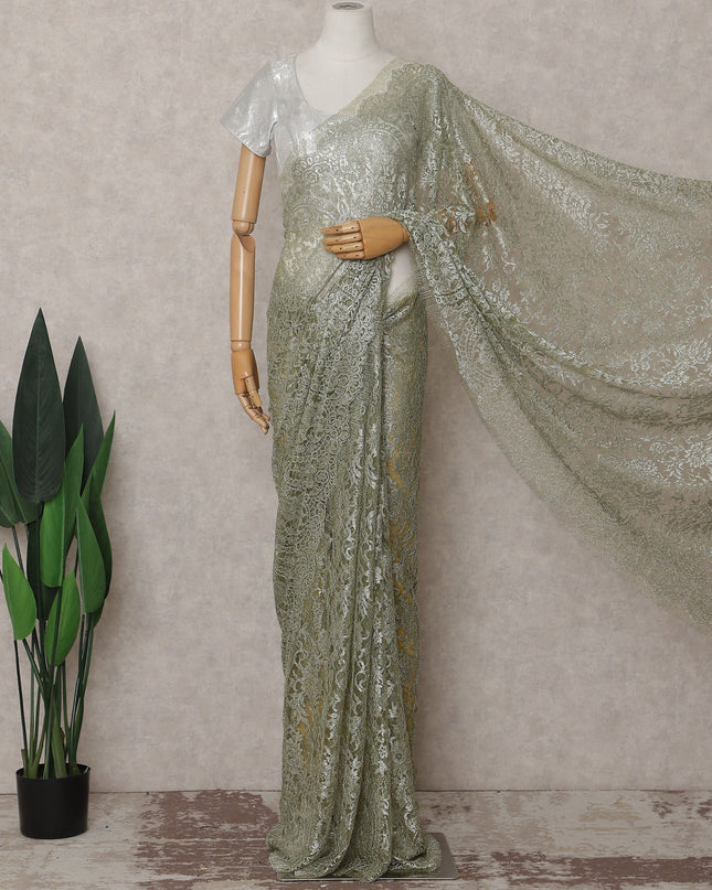Sage Green Gold-Shimmer French Chantilly Lace Saree