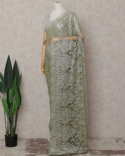Sage Green Gold-Shimmer French Chantilly Lace Saree