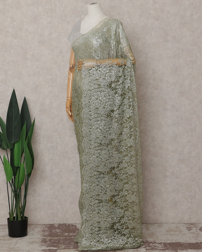 Sage Green Gold-Shimmer French Chantilly Lace Saree