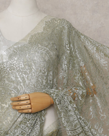 Sage Green Gold-Shimmer French Chantilly Lace Saree