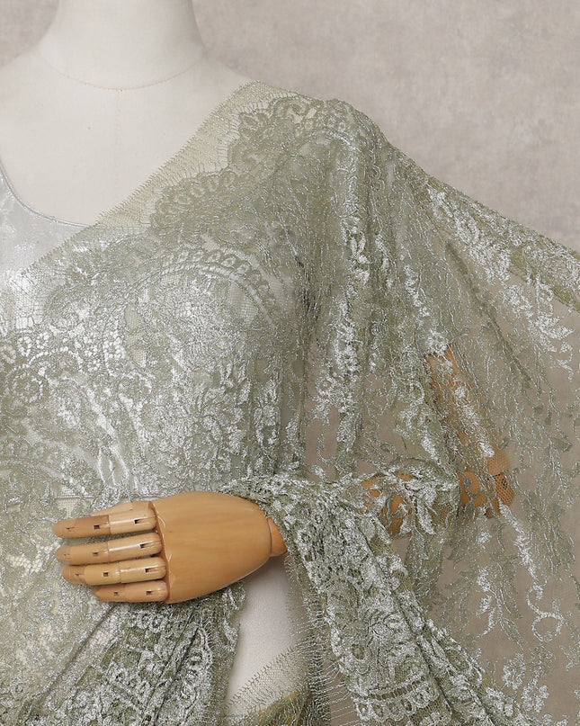 Sage Green Gold-Shimmer French Chantilly Lace Saree