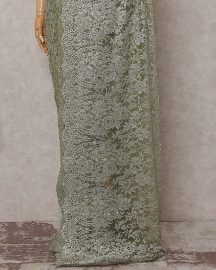 Sage Green Gold-Shimmer French Chantilly Lace Saree