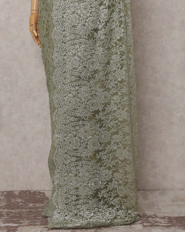 Sage Green Gold-Shimmer French Chantilly Lace Saree