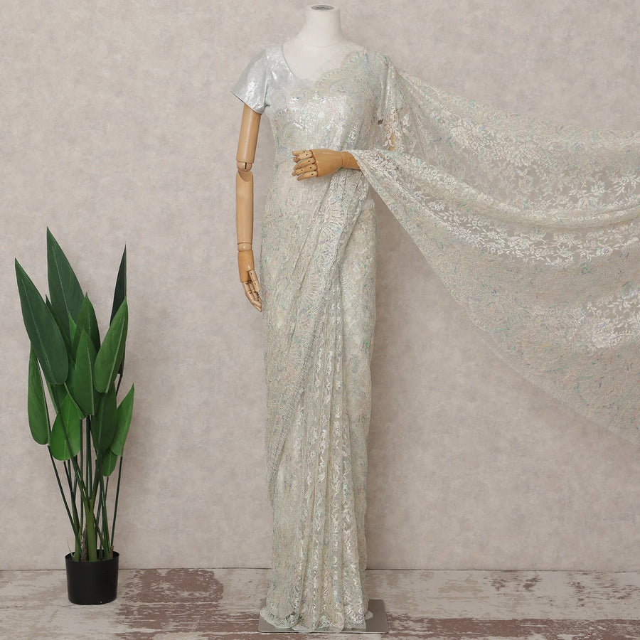 Ivory Pearl French Chantilly Lace Saree 5.5m