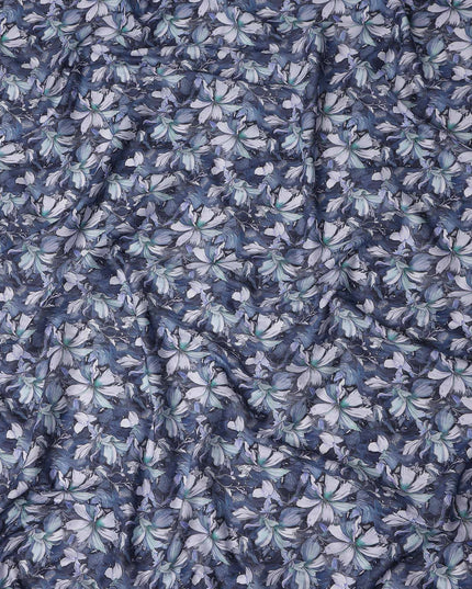 Denim Steel Blue Floral Cotton Lawn Fabric 140cm