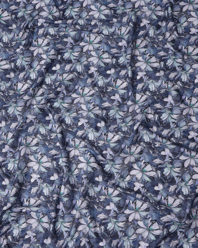 Denim Steel Blue Floral Cotton Lawn Fabric 140cm