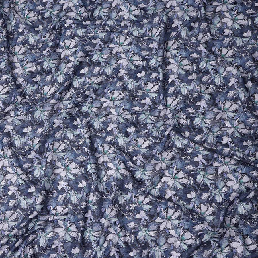 Denim Steel Blue Floral Cotton Lawn Fabric 140cm