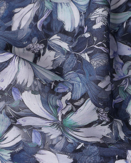 Denim Steel Blue Floral Cotton Lawn Fabric 140cm