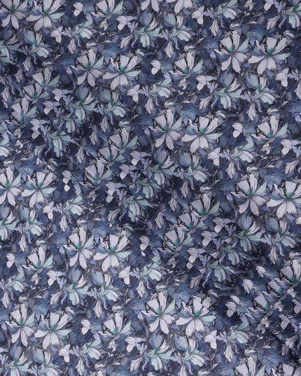 Denim Steel Blue Floral Cotton Lawn Fabric 140cm