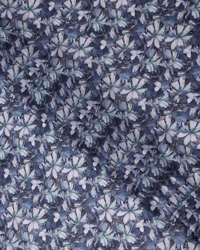Denim Steel Blue Floral Cotton Lawn Fabric 140cm