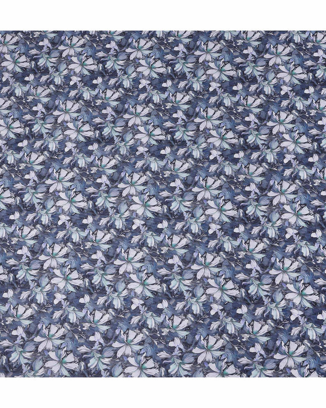 Denim Steel Blue Floral Cotton Lawn Fabric 140cm