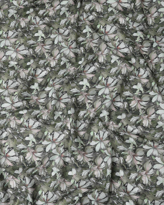 Olive Green Floral Cotton Lawn Fabric 140cm