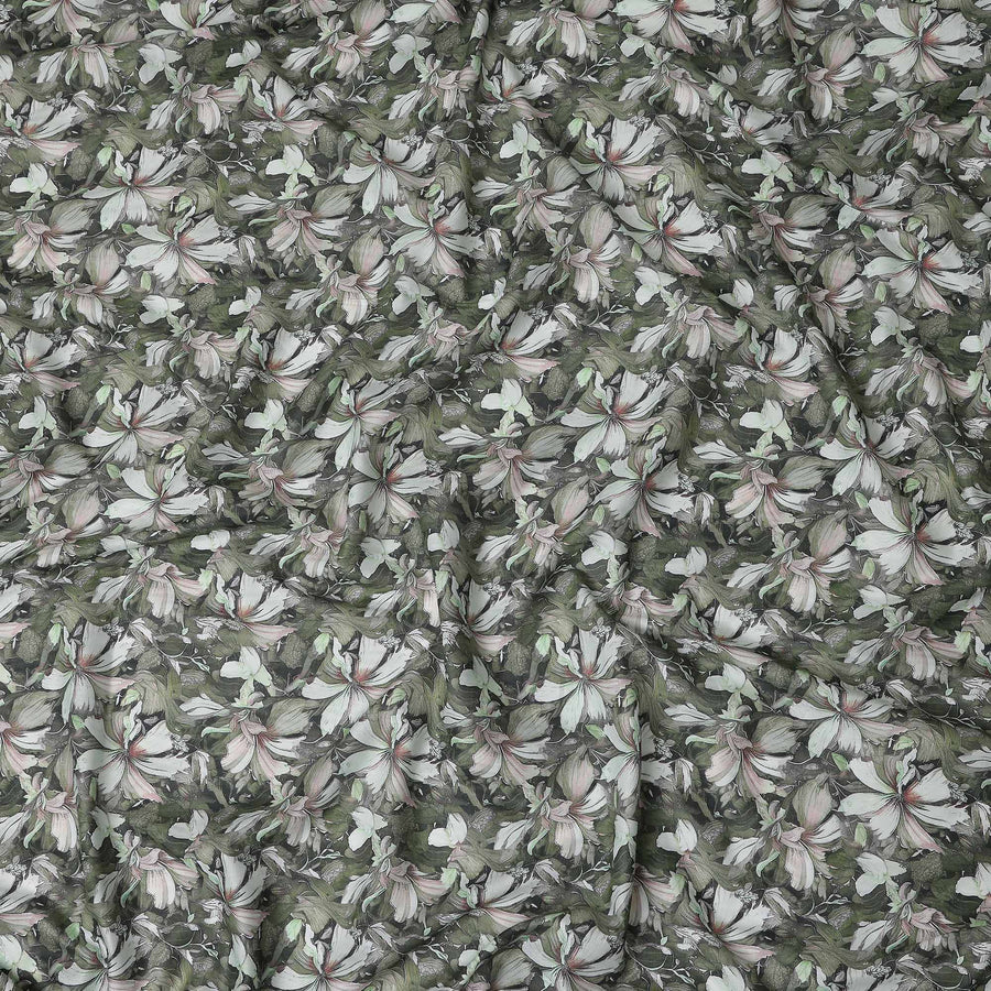 Olive Green Floral Cotton Lawn Fabric 140cm