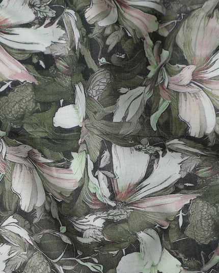 Olive Green Floral Cotton Lawn Fabric 140cm